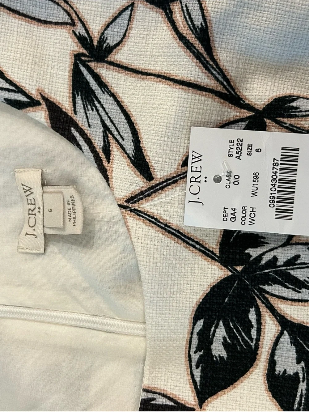 J Crew Sleeveless Black & Ivory Leaf Print Sheath Dress Size 6